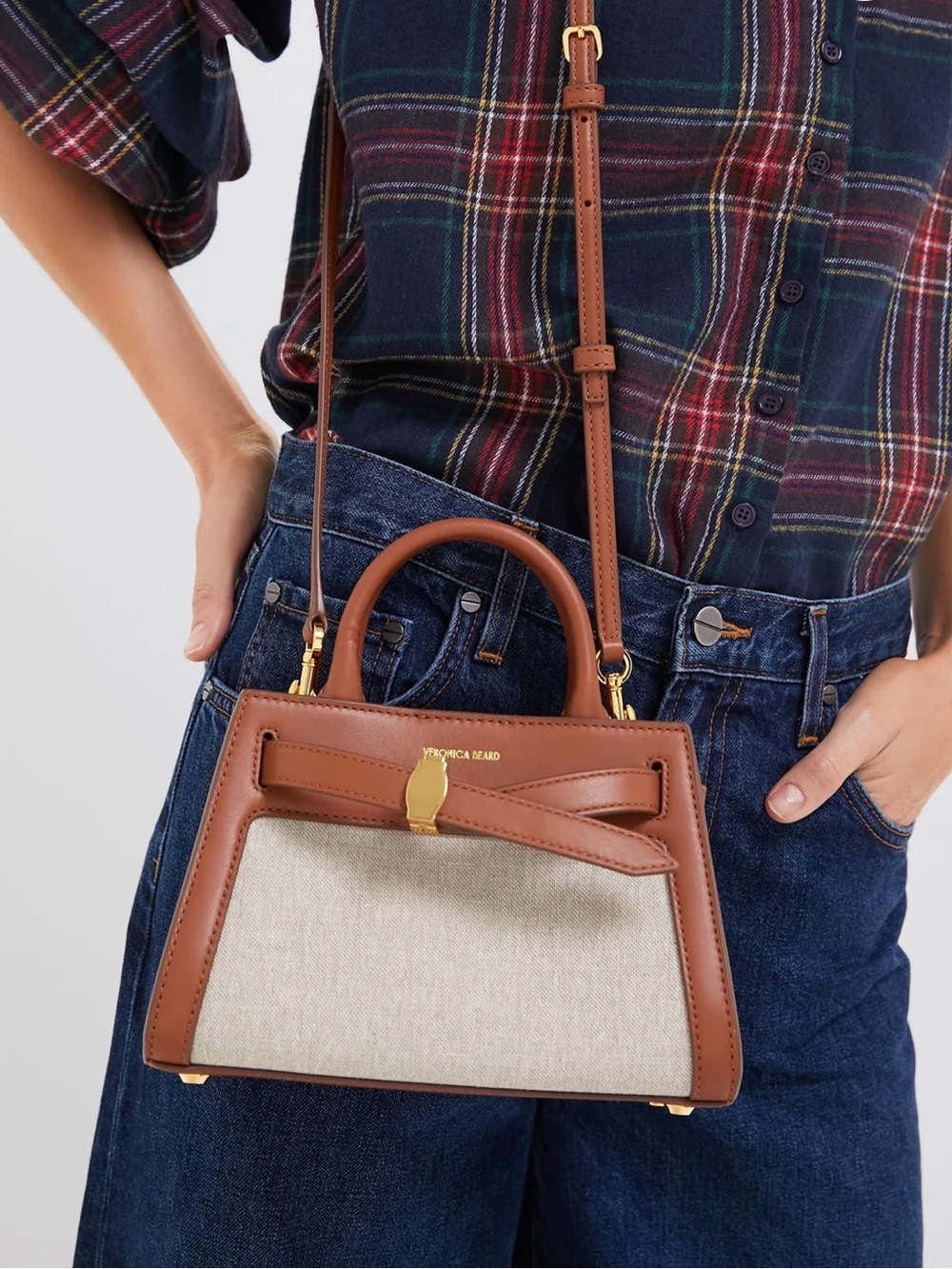 Veronica Beard Tan Leather & Cream Canvas Satchel with Gold Accent - Picture 3 of 10